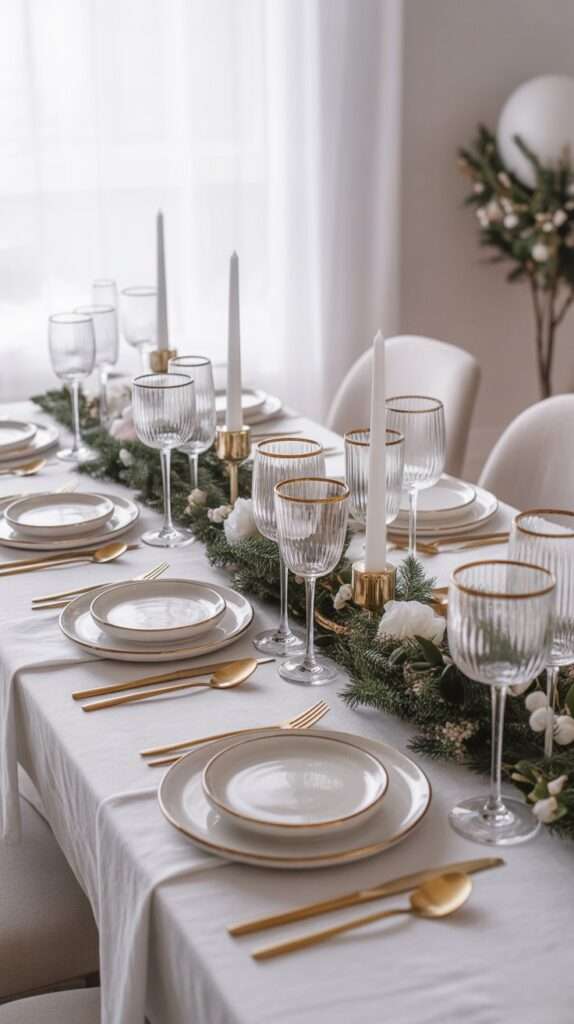 “Elegant Christmas table setting with white plates, gold flatware, white linens and soft white floral accents in a modern winter dining room.”