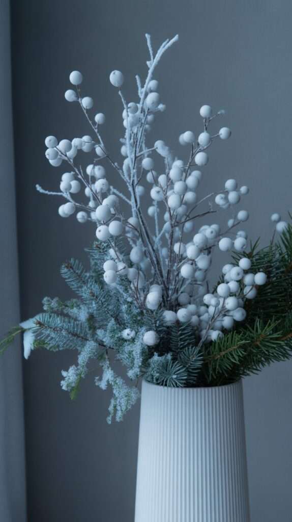 “Tall white vase filled with frosted white berry branches, spruce greenery and icy winter textures in a clean neutral setting.”