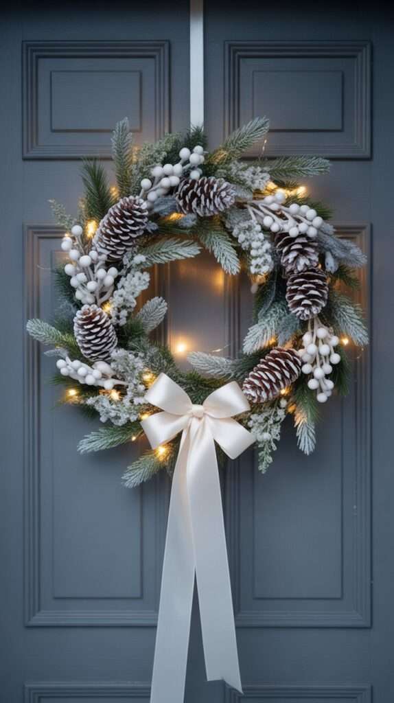 “Elegant all-white Christmas wreath decorated with frosted pinecones, white berries, snowy greenery and a silk ribbon on a winter door.”