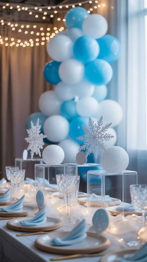“Winter baby shower decorated with layered paper snowflakes, white and icy blue balloons, soft fairy lights and frosted textures, styled in a cozy and feminine winter theme.”