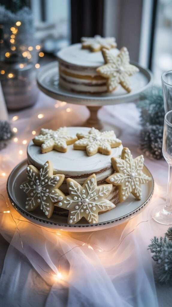 “Elegant dessert table with snowflake cookies, white chocolate treats and frosted decorations, styled in a soft winter wonderland theme with silver accents and twinkle lights.”