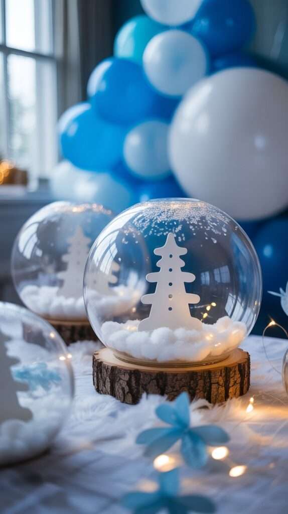 “Snow globe-inspired baby shower décor featuring clear domes with faux snow, icy blue accents and sparkly winter lighting.”