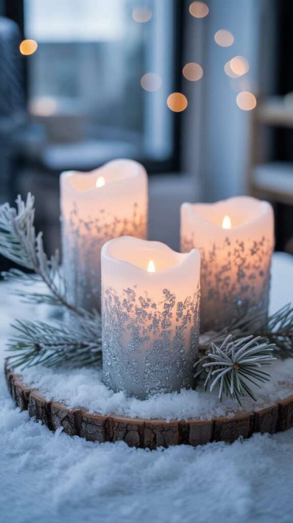 “Winter centerpiece featuring frosted glass candle jars covered in a snowy texture, surrounded by icy branches and white pine stems, glowing softly in cool winter lighting.”