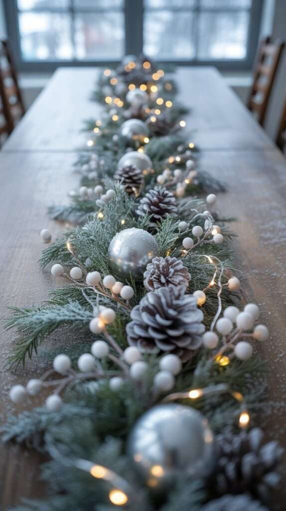 “Frosted evergreen garland used as a winter table runner, decorated with icy pinecones, white berries and warm twinkle lights across a wooden table in soft winter daylight.”