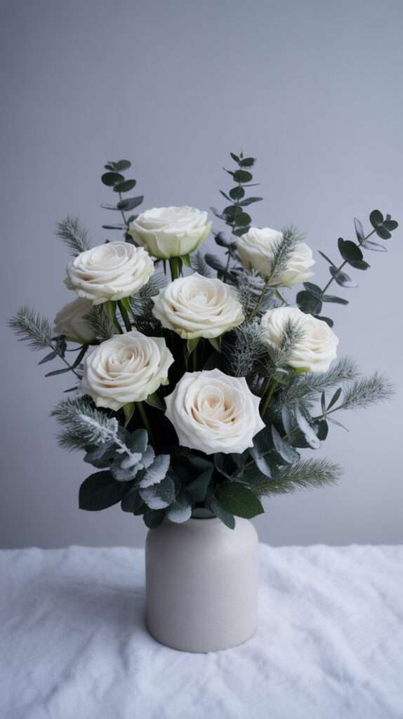 “Winter floral arrangement with white roses and frosted eucalyptus in a matte white vase, styled in soft natural light with a clean snowy background.”