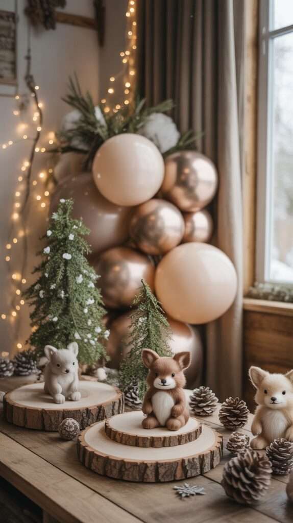 “Woodland winter baby shower with pinecones, wooden platters, small evergreen trees and cute forest animal décor in a cozy rustic winter style.”
