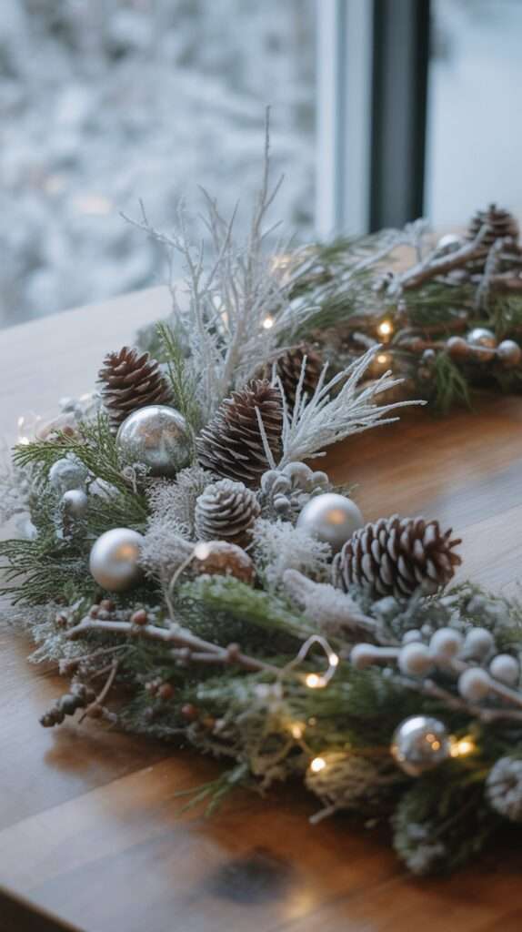 “Winter woodland centerpiece featuring snowy pinecones, frosted evergreen sprigs, white moss and icy branches arranged on a wooden table with a soft winter glow.”