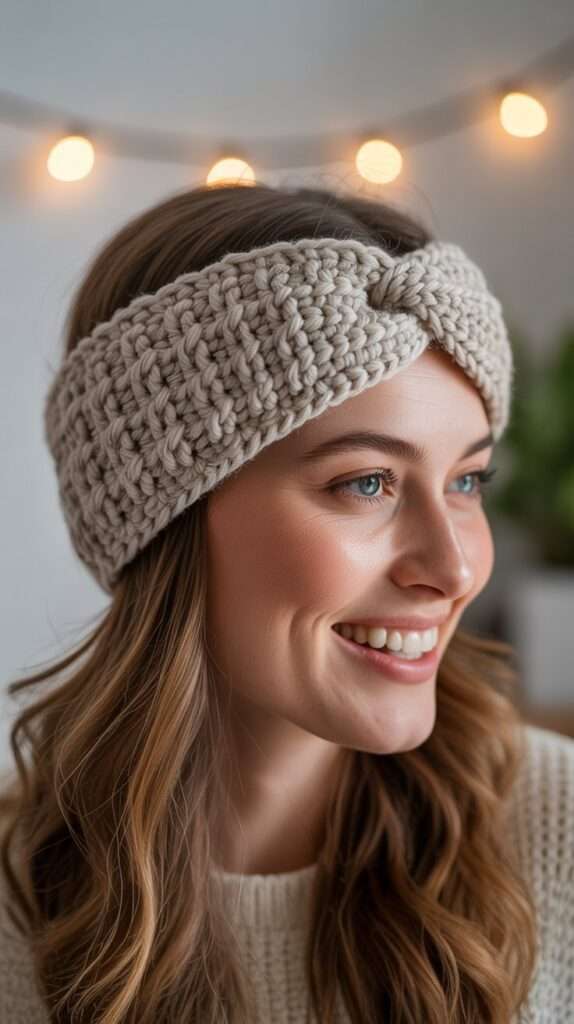 “Close-up of a crochet ear warmer with a twist knot design, made from soft wool yarn. Perfect cozy handmade winter accessory that keeps ears warm in style.”