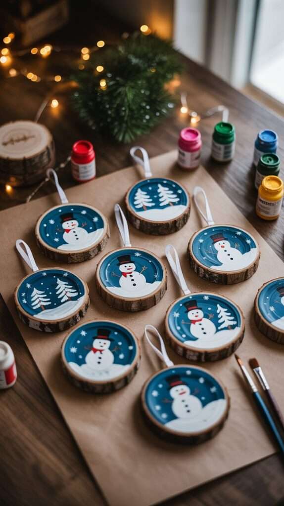 “Hand-painted wooden slice ornaments featuring snowmen, stars and winter trees, displayed with brushes and acrylic paint.”