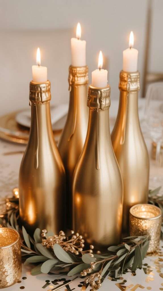 Matte gold champagne bottles used as candle holders with glowing ivory candles and eucalyptus greenery, styled in a cozy NYE table setting.