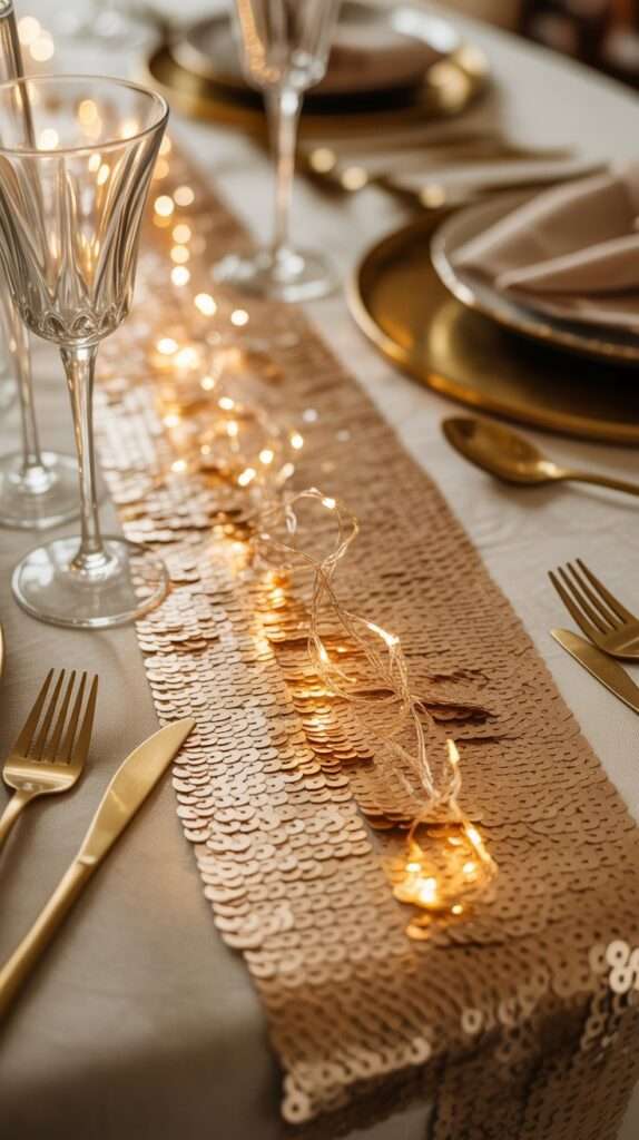 Champagne sequin table runner with warm fairy lights woven through, surrounded by gold accents and soft candlelit New Year’s Eve decor.