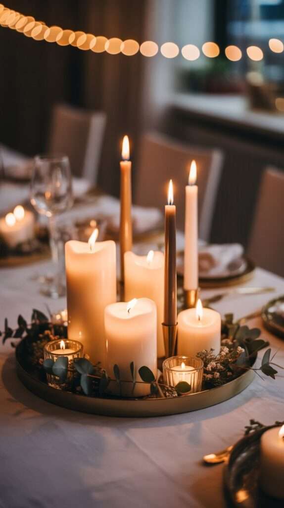 Warm NYE candle cluster centerpiece with mixed-height candles, eucalyptus sprigs, and soft golden glow creating a cozy winter atmosphere.