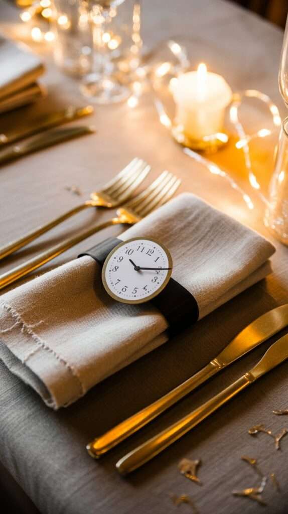 Linen napkin wrapped with black ribbon and a tiny clock tag set to 11:59, styled with gold flatware on an elegant New Year’s Eve table.