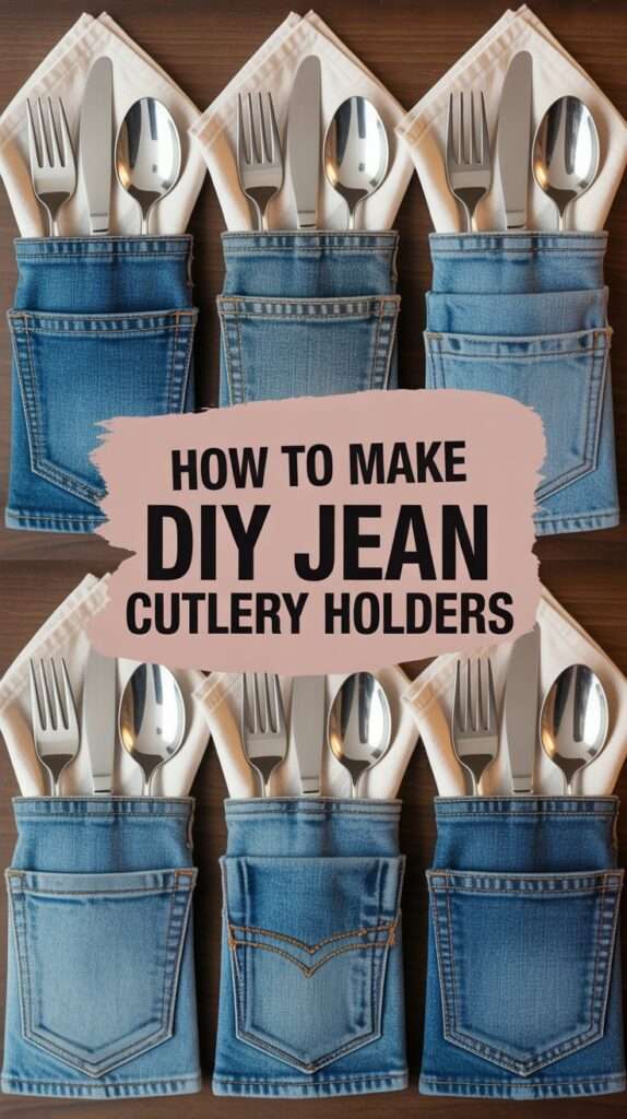 A Denin Cutlery Holders with fork,knife and spoon.