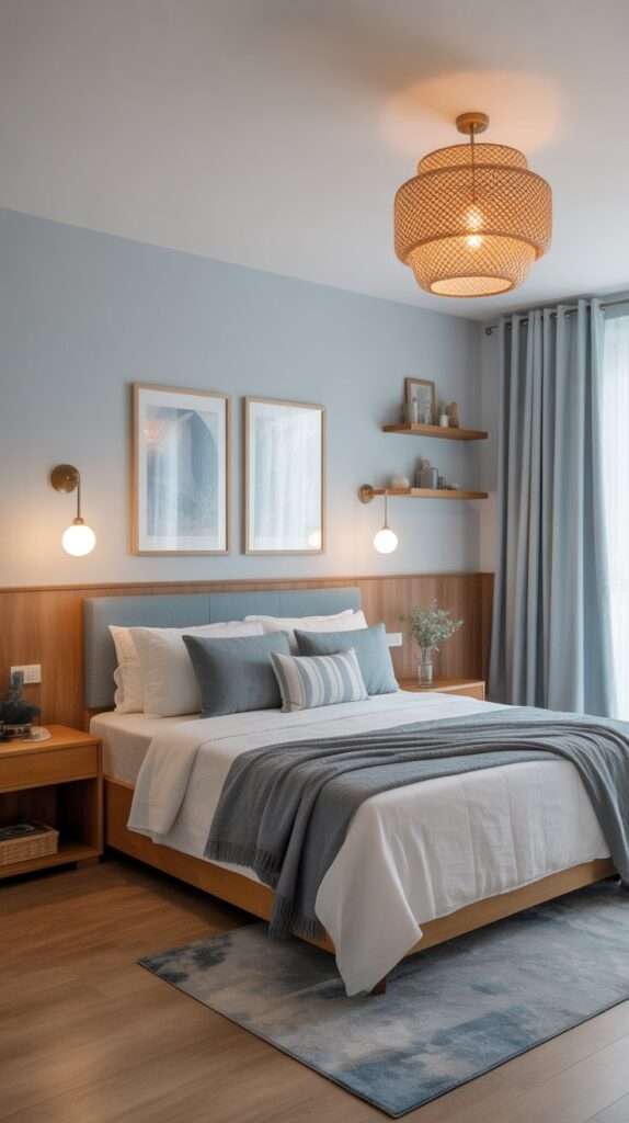 light blue bedroom ideas with wood accents