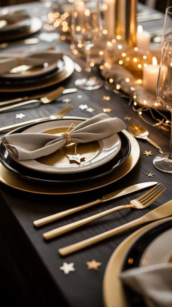 Elegant New Year’s Eve tablescape with matte black plates, gold flatware, soft candlelight, and golden bokeh lights in the background.