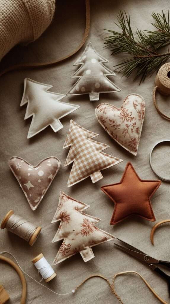 a colletion of patchwork ornaments, tree,heart made from fabric