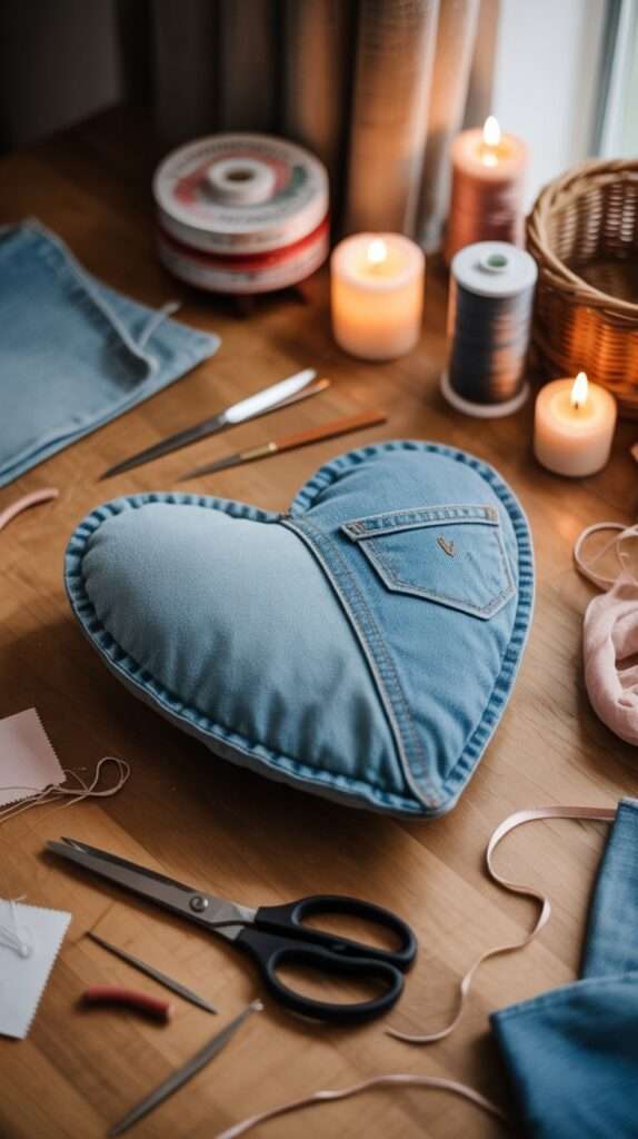 denim heart pillow