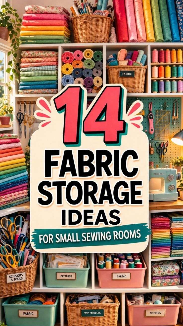 folded fabric organized by color on open shelves in a small craft room