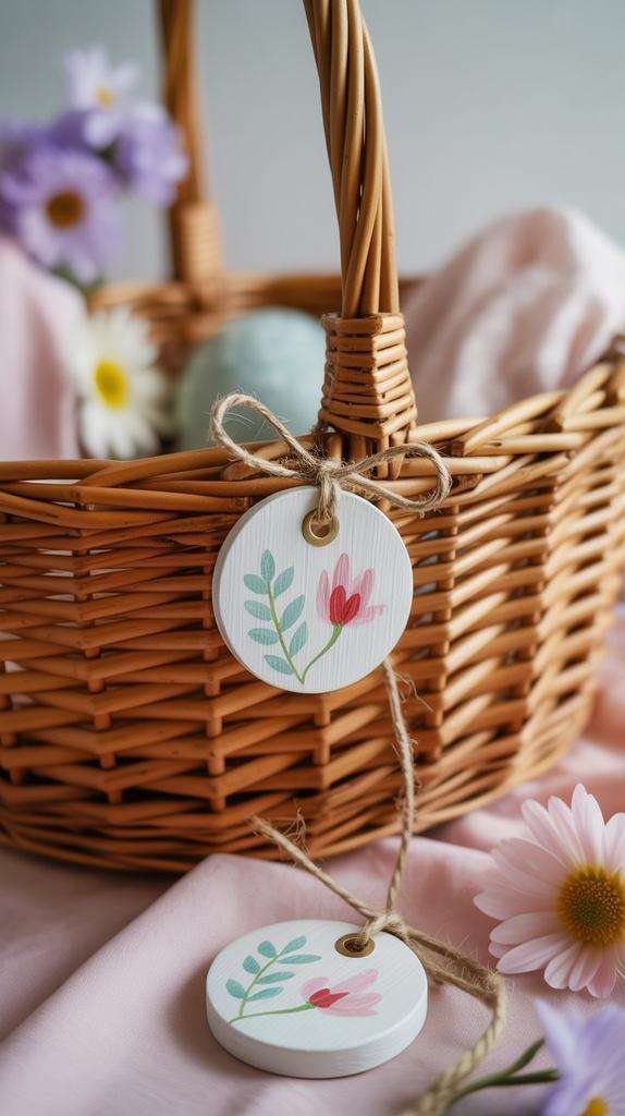 Small engraved wooden gift tags with floral designs attached to wicker basket in spring decor setting.