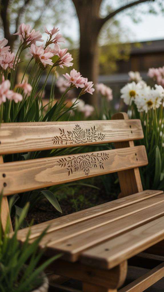 Close-up of wooden garden bench with subtle floral stencil detail surrounded by spring flowers.