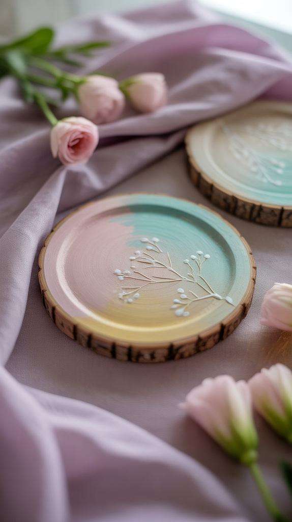 Set of engraved wooden coasters with botanical floral patterns on spring styled coffee table.