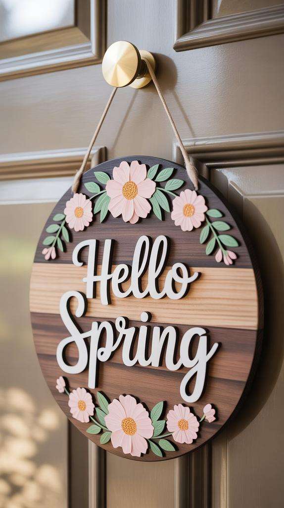 Hand-painted wooden sign with floral spring design placed on farmhouse entry table.