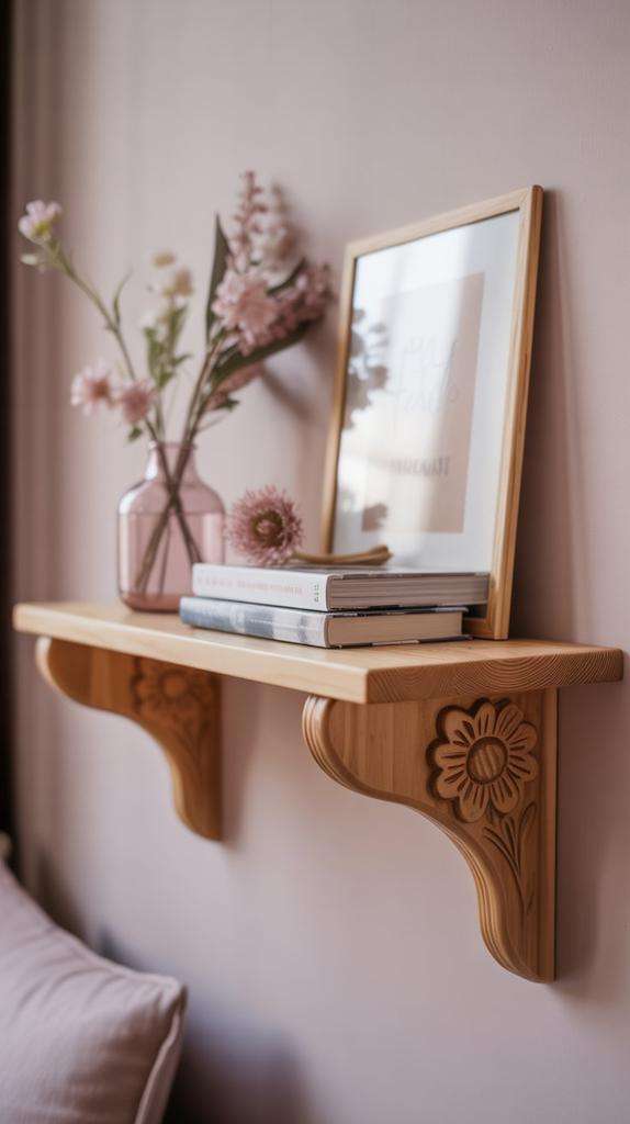 Small wooden floating shelf holding ceramic pots with spring plants in a cozy home setting.