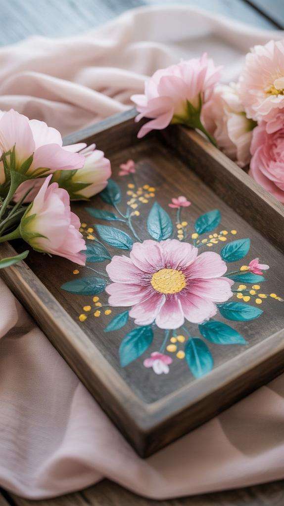 Rustic wooden serving tray with floral stencil detail styled for spring brunch table decor.