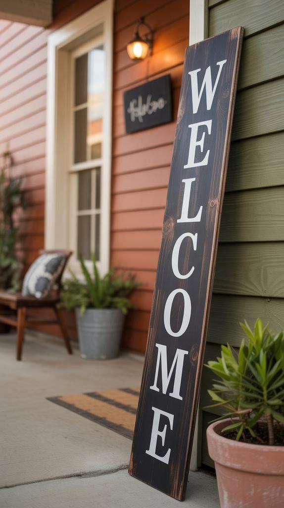 Hand-painted wooden sign with floral spring design placed on farmhouse entry table.