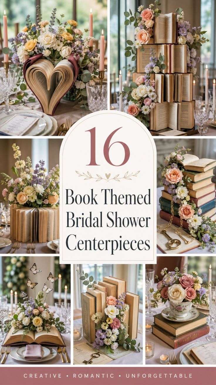 book themed bridal shower centerpieces with vintage books and flowers