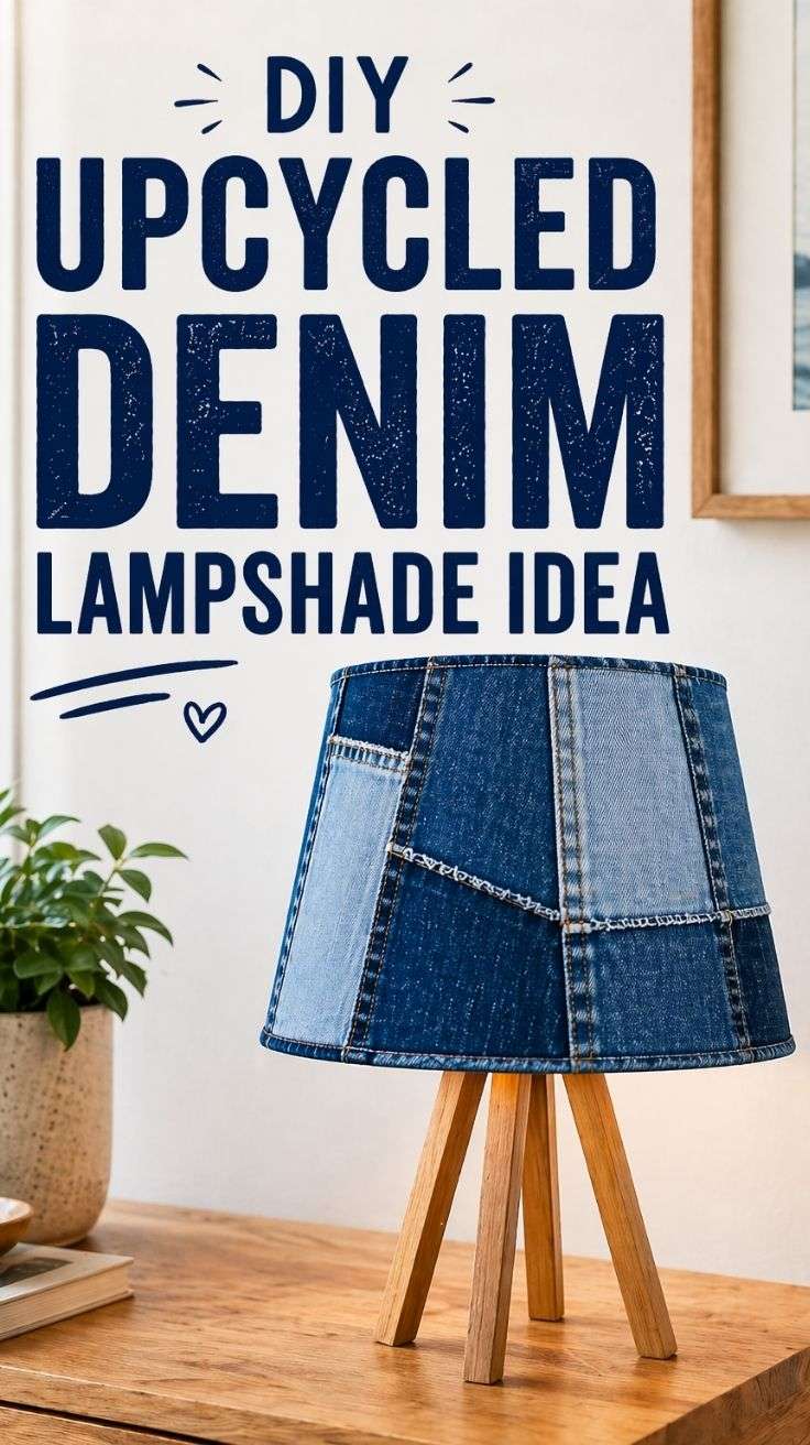 Upcycled denim lampshade made from old blue jean patchwork styled on a wooden lamp base