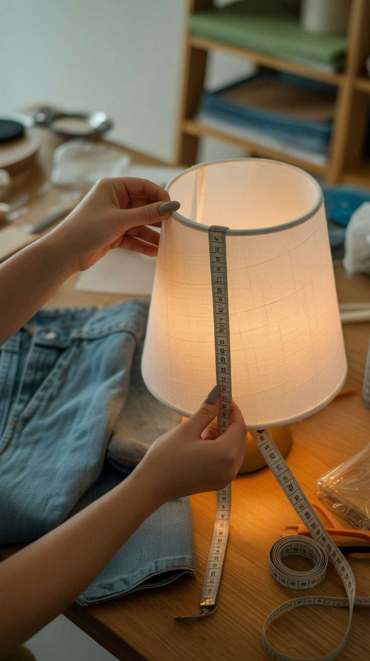 Measuring a lampshade before covering it with blue jean fabric for a denim upcycled DIY