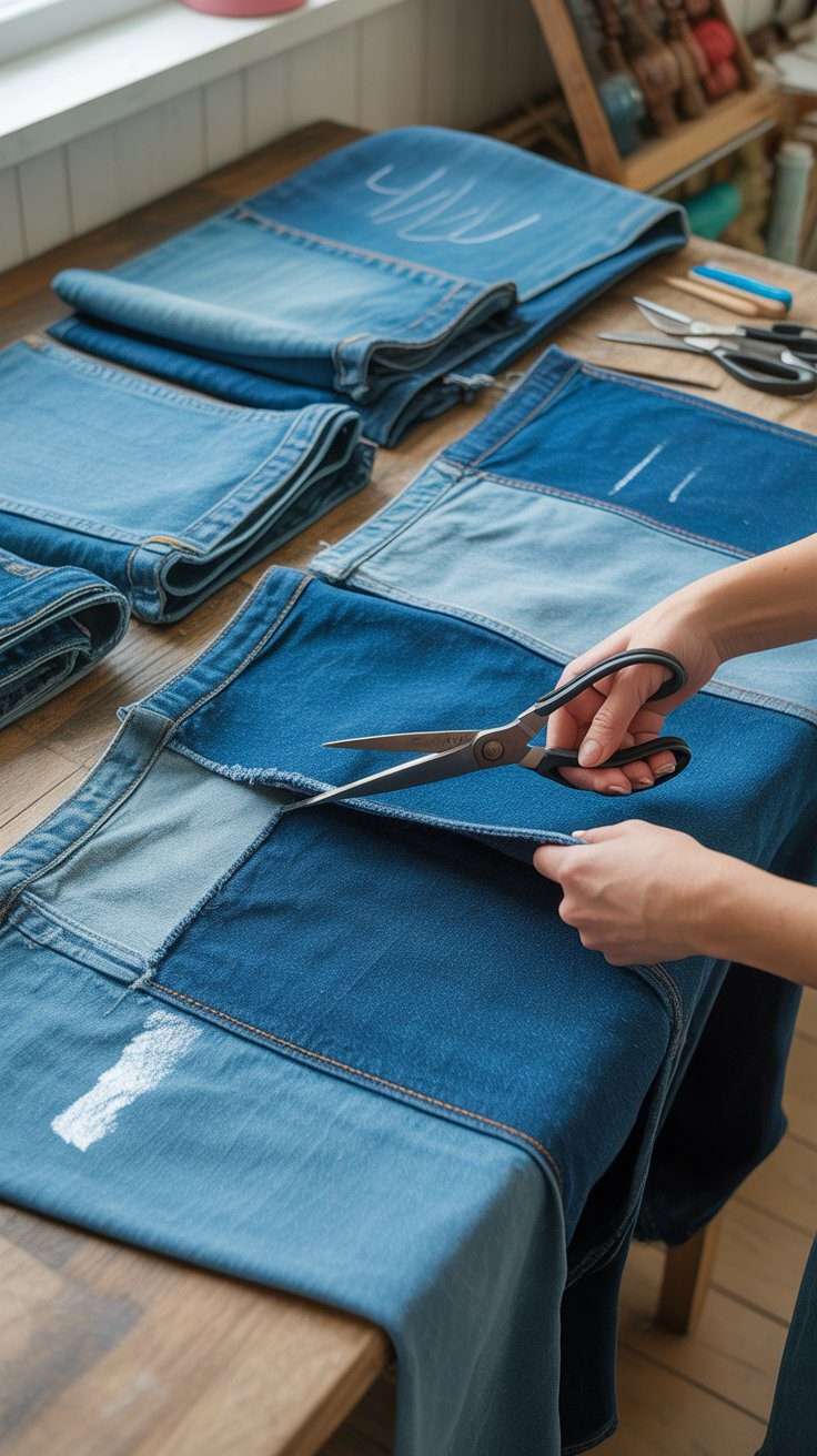 Cutting old blue jean fabric into panels for an upcycled denim lampshade