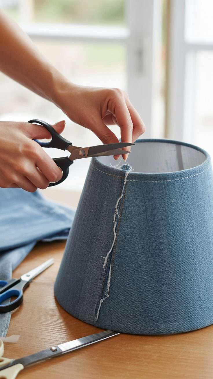 Trimming excess blue jean fabric from the edge of a denim lampshade