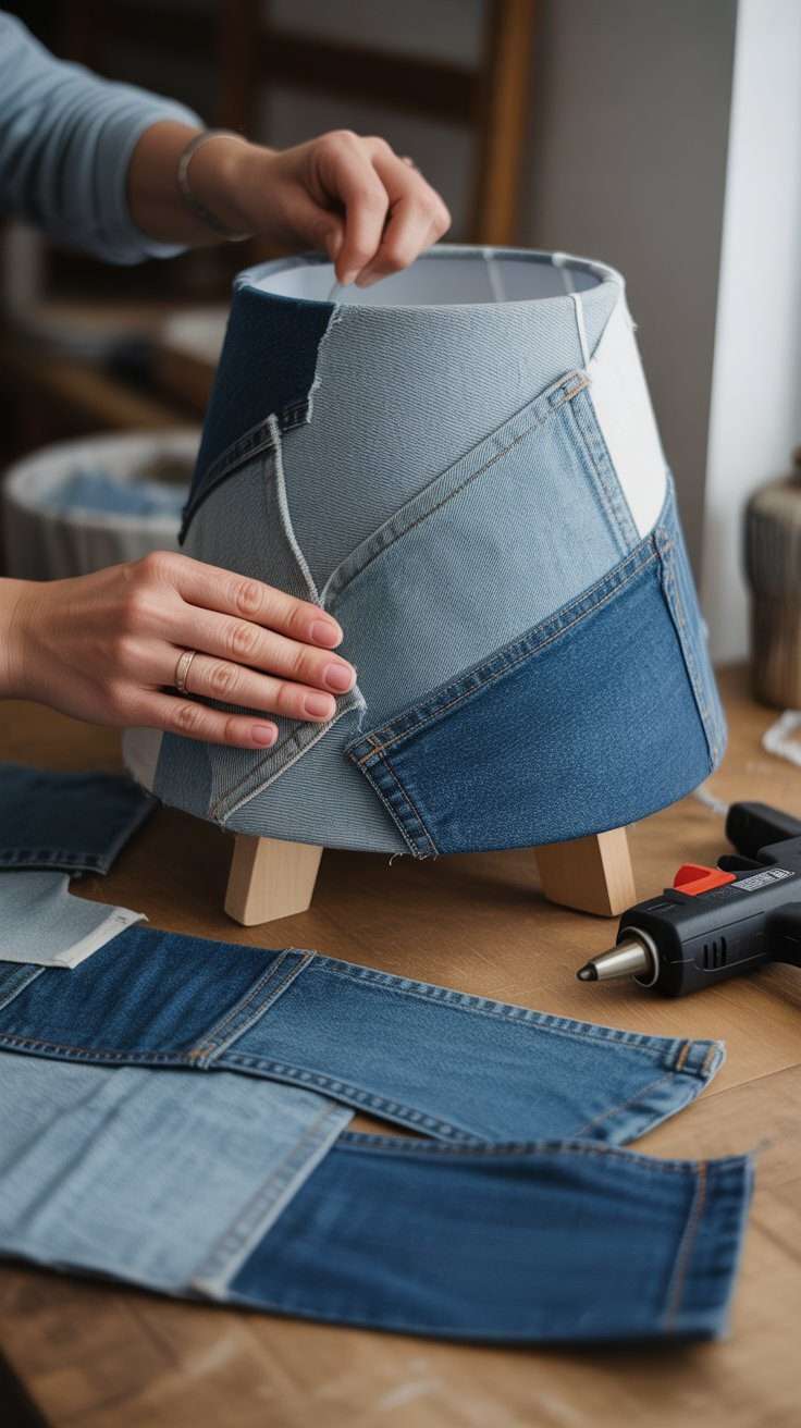 Wrapping patchwork denim around a lampshade during an upcycled denim DIY project