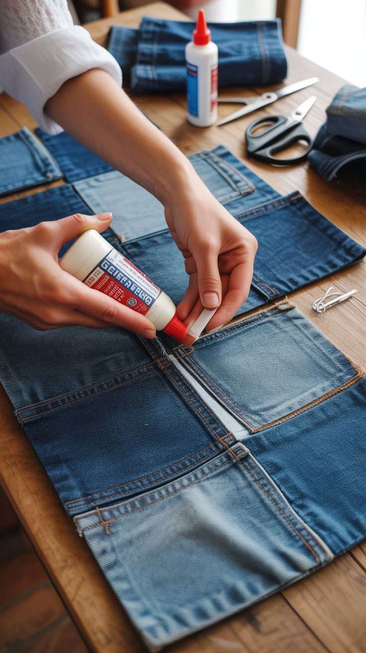 Gluing blue jean fabric panels together for an easy denim upcycled lampshade