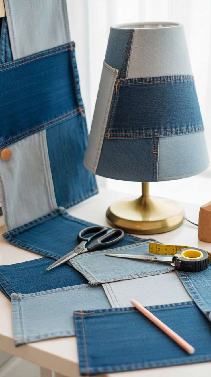 Blue jean fabric pieces arranged in a patchwork layout beside a lampshade