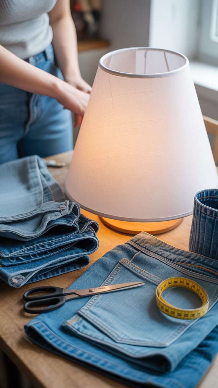Plain lampshade base with old blue jeans and craft supplies for an upcycled denim project